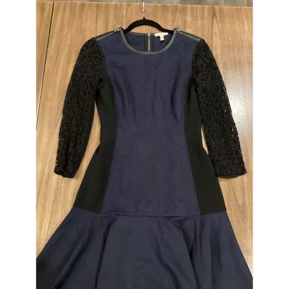 Rebecca Taylor 2 tone black blue drop waist flare zipper and lace mini dress 4 - Picture 8 of 14